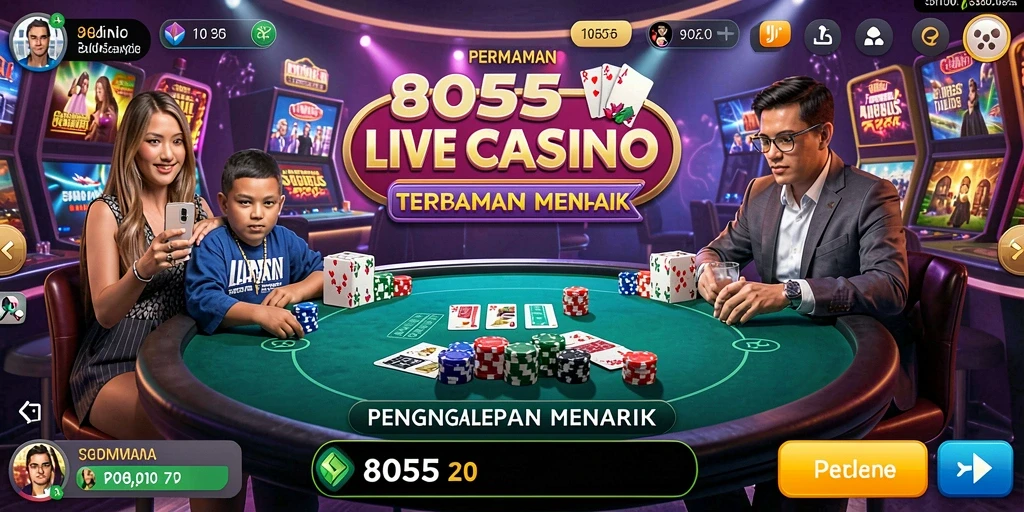 Screenshot permainan 8055 menampilkan dealer interaktif dan momen seru gameplay Live Casino.