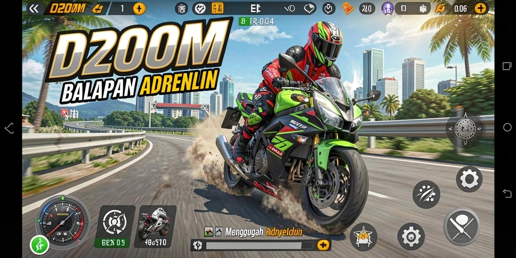 Screenshot D200M menampilkan balapan motor yang mendebarkan dengan grafis menakjubkan.