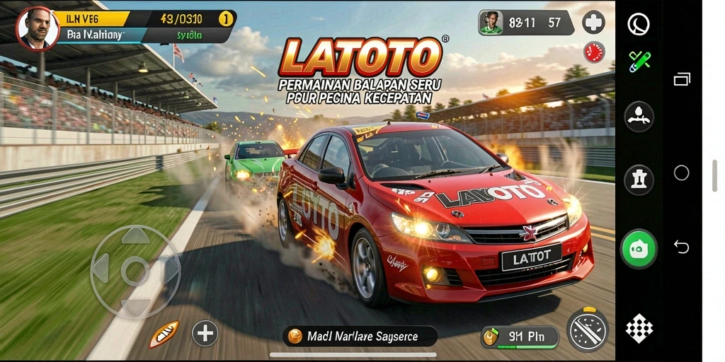 Screenshot gameplay LATOTO yang menunjukkan aksi balapan seru dan mobil cepat.